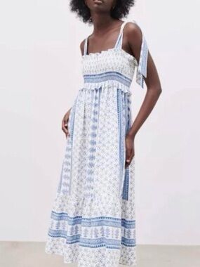 ZARA smocked blue and white tie strap dress, M